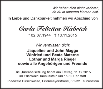 Traueranzeige von Carla Felicitas Habrich von  Wiesbaden komplett