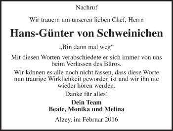 Traueranzeige von Hans-Günter von Schweinichen von  Allgemeine Zeitung Alzey