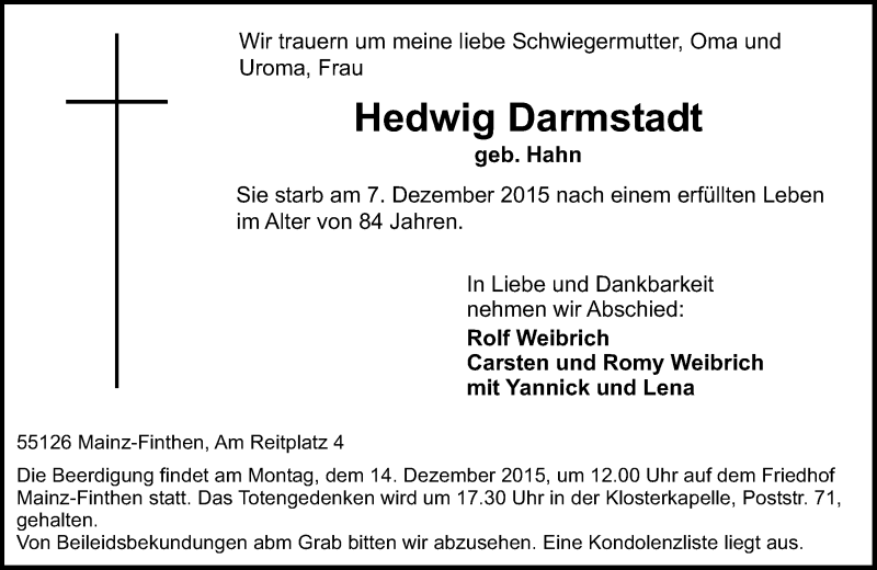  Traueranzeige für Hedwig Darmstadt vom 11.12.2015 aus  Allgemeine Zeitung Mainz