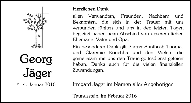  Traueranzeige für Georg Jäger vom 06.02.2016 aus  WK-UTA/Aar-Bote