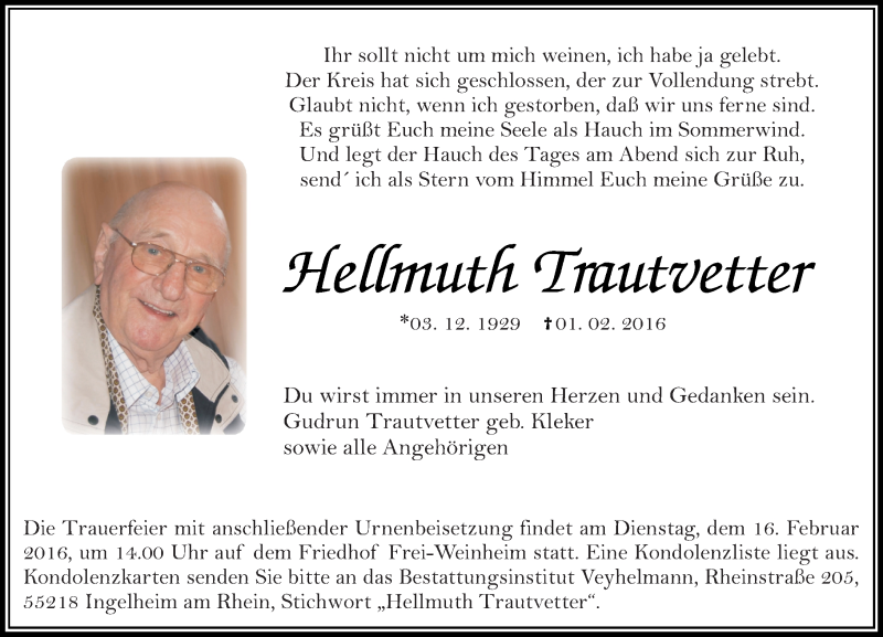  Traueranzeige für Hellmuth Trautvetter vom 13.02.2016 aus  Allgemeine  Zeitung Ingelheim-Bingen