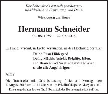 Traueranzeige von Hermann Schneider von Trauerportal Rhein Main Presse