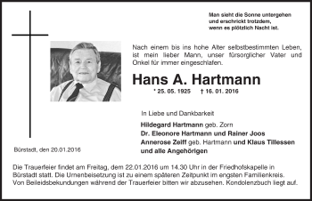 Traueranzeige von Hans A. Hartmann von  Bürstädter Zeitung