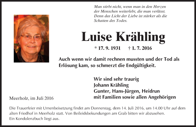  Traueranzeige für Luise Krähling vom 11.07.2016 aus  Gelnhäuser Tageblatt