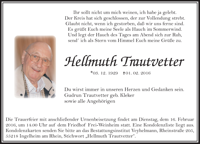 Traueranzeige für Hellmuth Trautvetter vom 15.02.2016 aus  Allgemeine Zeitung Mainz