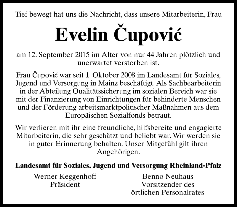  Traueranzeige für Evelin Cupovic vom 17.09.2015 aus  Mainz