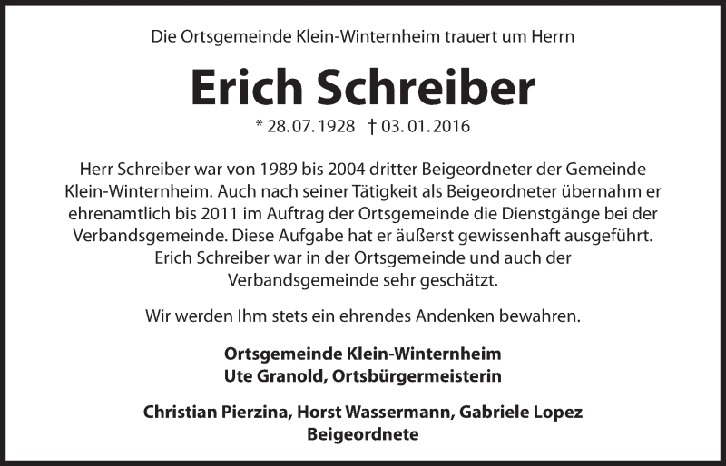  Traueranzeige für Erich Schreiber vom 06.01.2016 aus trauer.rmp.de