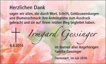 Traueranzeige von Irmgard Gessinger von Trauerportal Echo Online