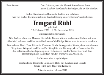 Traueranzeige von Irmgard Rühl von  Usinger Anzeiger