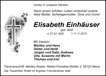 Traueranzeige von Elisabeth Einhäuser von  Allgemeine Zeitung Mainz