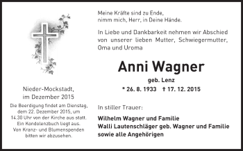 Traueranzeige von Anni Wagner von  Kreisanzeiger
