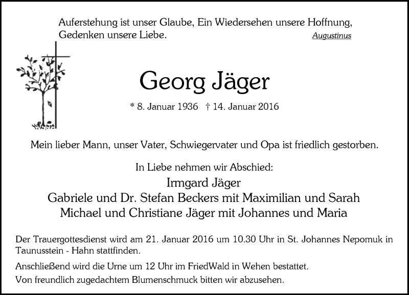  Traueranzeige für Georg Jäger vom 16.01.2016 aus  WK-UTA/Aar-Bote
