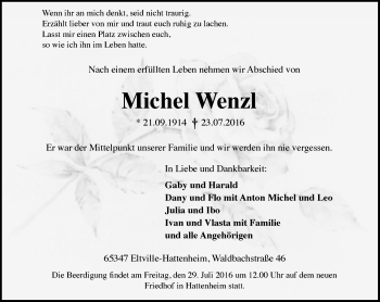 Traueranzeige von Michel Wenzl von Trauerportal Rhein Main Presse