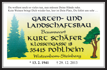 Traueranzeige von Kurt Schäfer von  Gießener Anzeiger