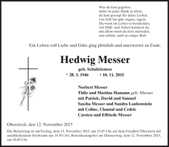 Traueranzeige von Hedwig Messer von  Allg. Zeitung Bad Kreuznach