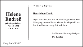 Traueranzeige von Helene Endreß von Trauerportal Rhein Main Presse