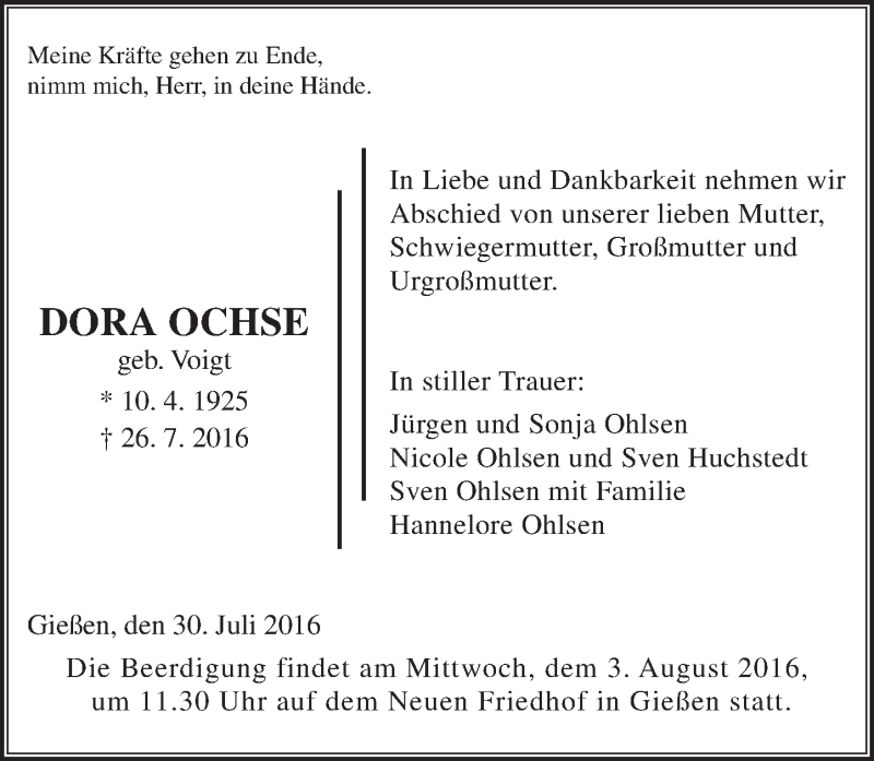  Traueranzeige für Dora Ochse vom 30.07.2016 aus  Gießener Anzeiger