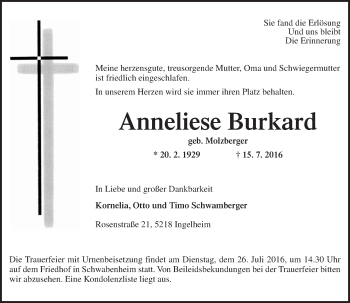 Traueranzeige von Anneliese Burkard von Trauerportal Rhein Main Presse