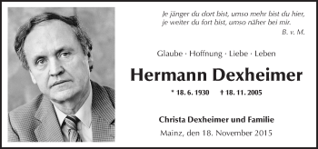 Traueranzeige von Hermann Dexheimer von  Allgemeine Zeitung Alzey