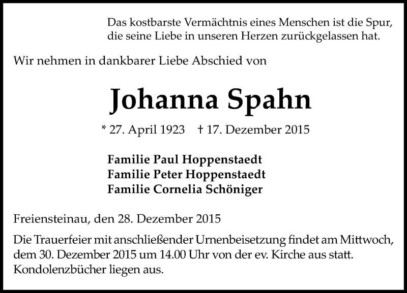  Traueranzeige für Johanna Spahn vom 28.12.2015 aus VRM Trauer