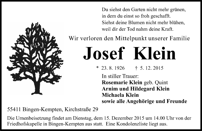  Traueranzeige für Josef Klein vom 09.12.2015 aus  Allgemeine  Zeitung Ingelheim-Bingen