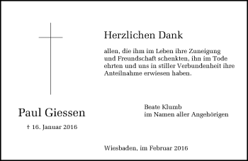 Traueranzeige von Paul Giessen von  Wiesbaden komplett