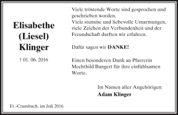 Traueranzeige von Elisabethe Klinger von Trauerportal Echo Online
