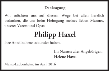 Traueranzeige von Philipp Haxel von  Allgemeine Zeitung Mainz
