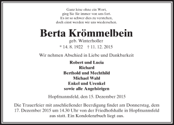 Traueranzeige von Berta Krömmelbein von VRM Trauer