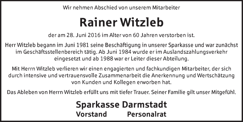 Traueranzeige für Rainer Witzleb vom 23.07.2016 aus Trauerportal Echo Online