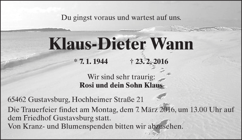 Traueranzeige für Klaus-Dieter Wann vom 27.02.2016 aus  Allgemeine Zeitung Mainz
