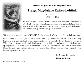 Traueranzeige von Helga Magdalene Kaiser-Lohfink von  Allgemeine Zeitung Mainz