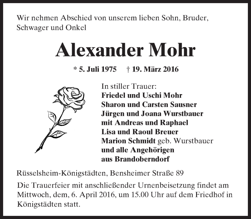  Traueranzeige für Alexander Mohr vom 02.04.2016 aus  Usinger Anzeiger