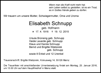 Traueranzeige von Elisabeth Schnupp von  Allgemeine Zeitung Mainz