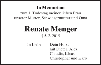 Traueranzeige von Renate Menger von  Wiesbaden komplett
