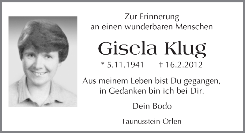  Traueranzeige für Gisela Klug vom 16.02.2016 aus  Wiesbaden komplett
