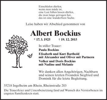 Traueranzeige von Albert Bockius von  Allgemeine  Zeitung Ingelheim-Bingen