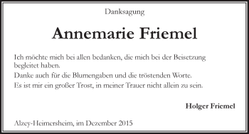 Traueranzeige von Annemarie Friemel von  Allgemeine Zeitung Alzey
