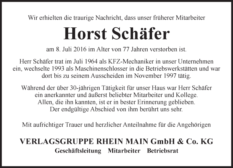  Traueranzeige für Horst Schäfer vom 13.07.2016 aus Trauerportal Rhein Main Presse
