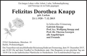 Traueranzeige von Felizitas Dorothea Knapp von  Allgemeine  Zeitung Ingelheim-Bingen