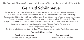 Traueranzeige von Gertrud Schönmeyer von  Gelnhäuser Tageblatt