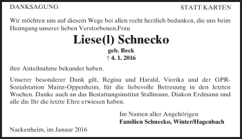 Traueranzeige von Liese(l) Schnecko von  Allgemeine Zeitung Mainz