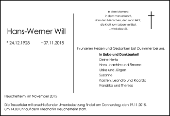 Traueranzeige von Hans-Werner Will von  Gießener Anzeiger