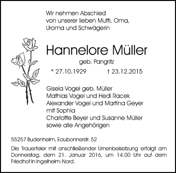 Traueranzeige von Hannelore Müller von  Allgemeine  Zeitung Ingelheim-Bingen