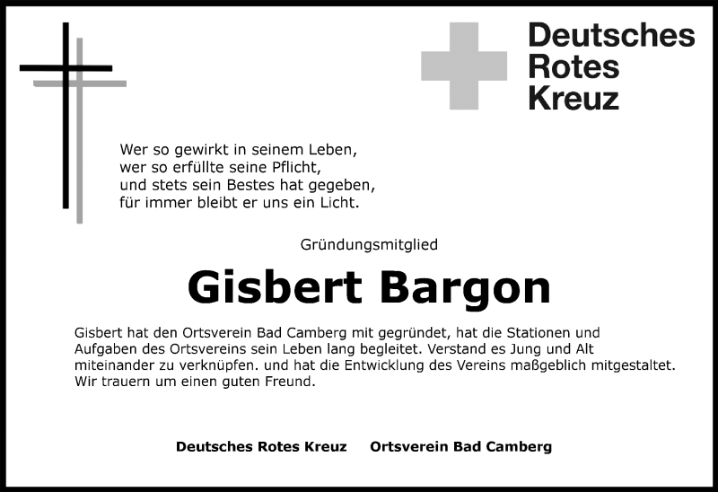  Traueranzeige für Gisbert Bargon vom 21.04.2016 aus  Camberger Anzeiger