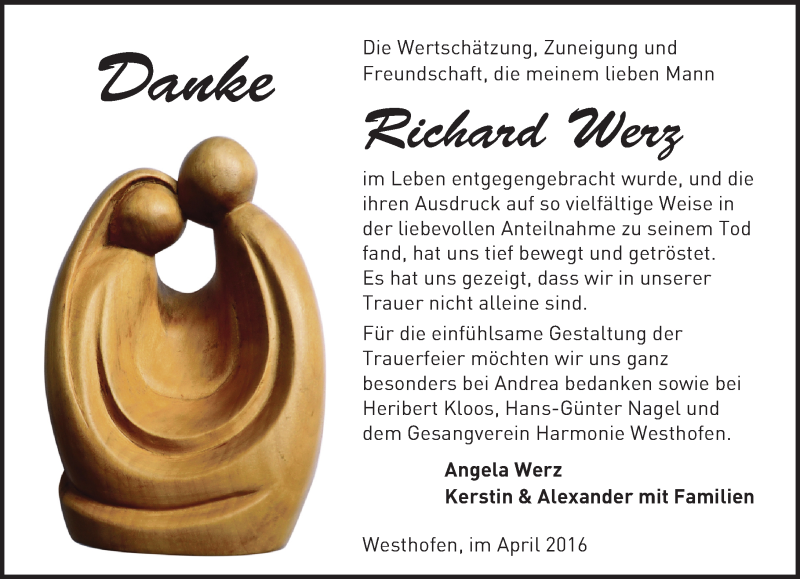  Traueranzeige für Richard Werz vom 13.04.2016 aus  Wormser Zeitung