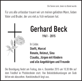Traueranzeige von Gerhard Beck von  Wormser Zeitung