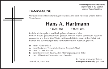 Traueranzeige von Hans A. Hartmann von  Bürstädter Zeitung