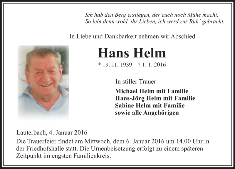  Traueranzeige für Hans Helm vom 04.01.2016 aus  Lauterbacher Anzeiger