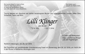 Traueranzeige von Lilly Klinger von  Gießener Anzeiger